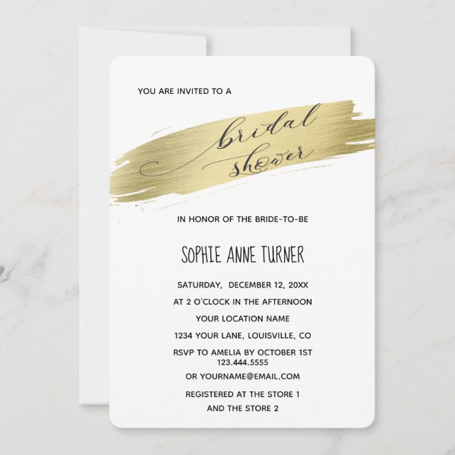 Invitación Glam Calligraphy Gold Stroke Bridal Shower (Anverso)