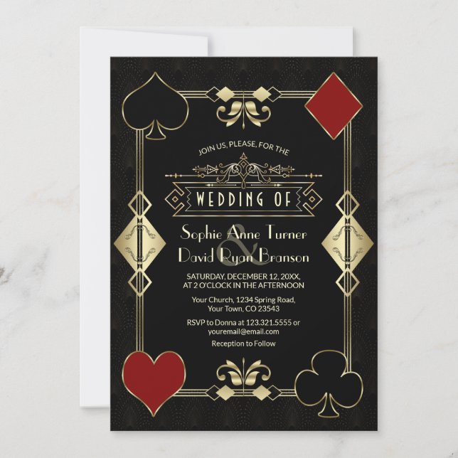Invitación Glam Casino Gold Art Deco Fleur-de-Lis Wedding (Anverso)