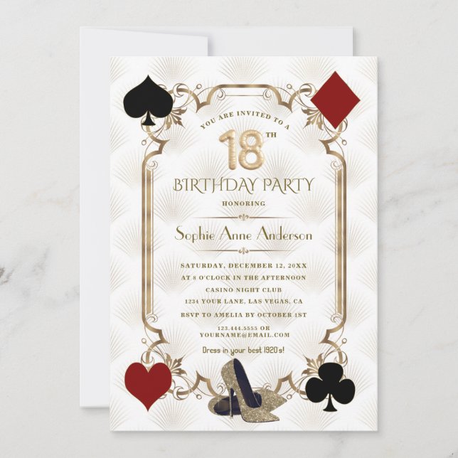 Invitación Glam Casino Night Gold Art Deco 18th Birthday  (Anverso)