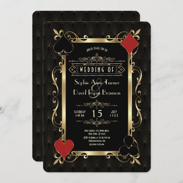 Invitación Glam Casino Night Gold Art Deco 20s Gatsby Wedding (Anverso / Reverso)