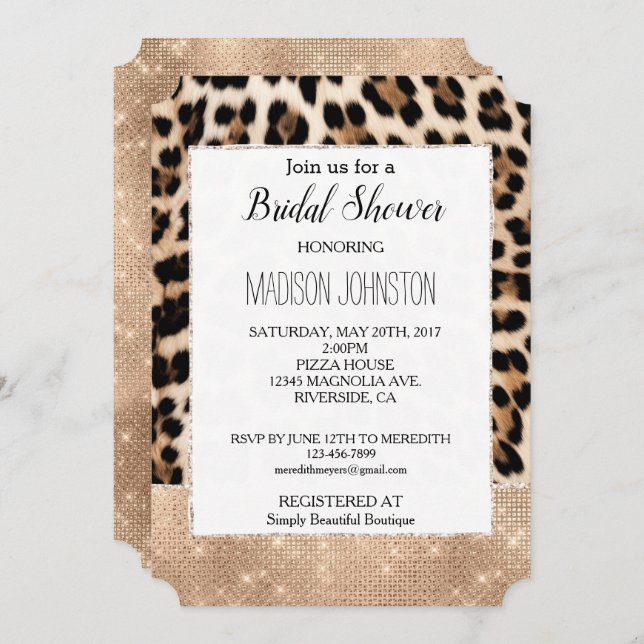 Invitación Glam Champagne Glitz Cream Leopard (Anverso / Reverso)