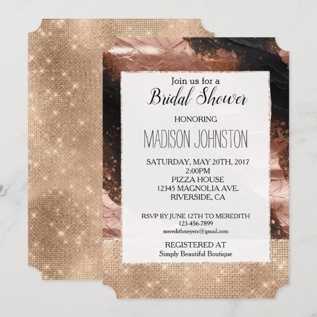 Invitación Glam Champagne Glitz Rosa Gold Black (Anverso / Reverso)