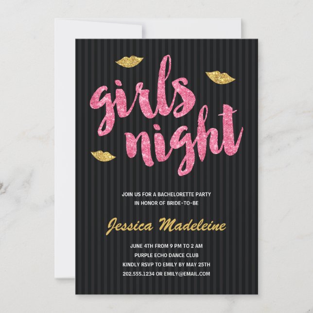 Invitación Glam Chicas Night | Purpurina Look Bachelorette Pa (Anverso)