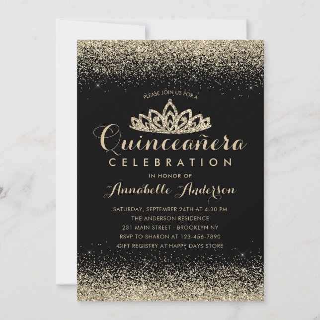 Invitación Glam Classic Black Quinceañera Gold Tiara Purpurin (Anverso)