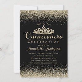 Invitación Glam Classic Black Quinceañera Gold Tiara Purpurin