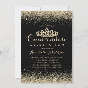 Invitación Glam Classic Black Quinceañera Gold Tiara Purpurin