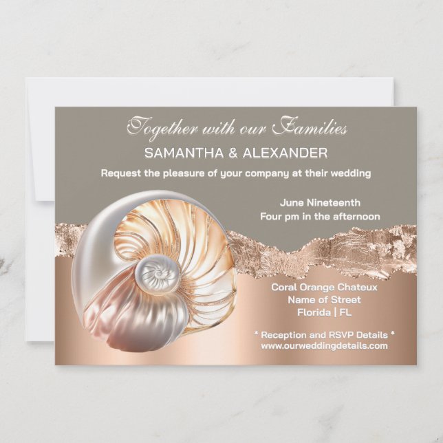 Invitación Glam Coastal Shell Beach Wedding Invitation (Anverso)