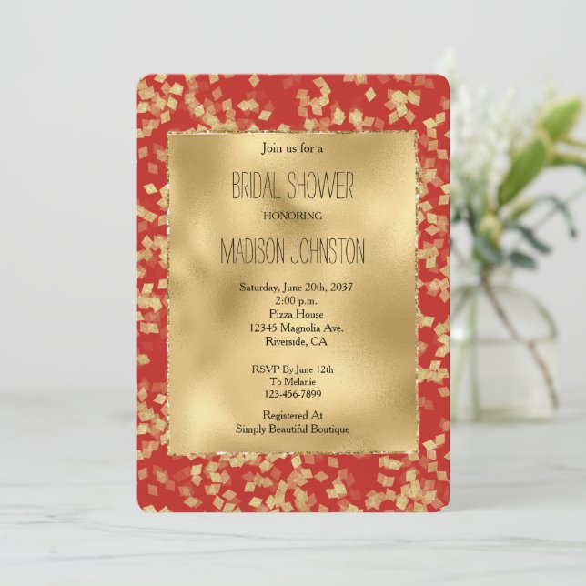Invitación Glam Confetti de oro rojo Resumen ducha de novia (Anverso de pie)