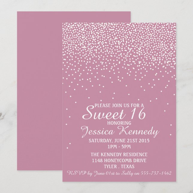 Invitación Glam Confetti moderno dulce 16 cumpleaños (Anverso / Reverso)