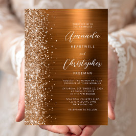 Invitación Glam Copper Brushed Metal Glitter Wedding