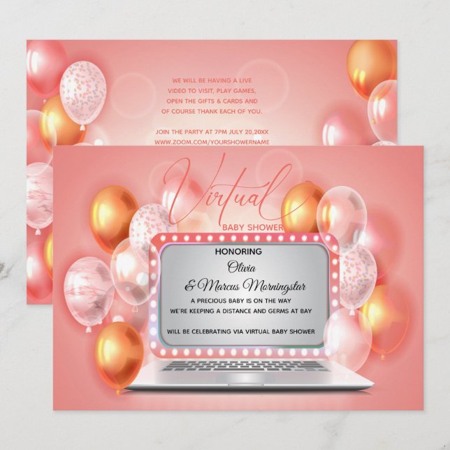 Invitación Glam Coral portátil moderno Virtual Baby Shower (Anverso / Reverso)