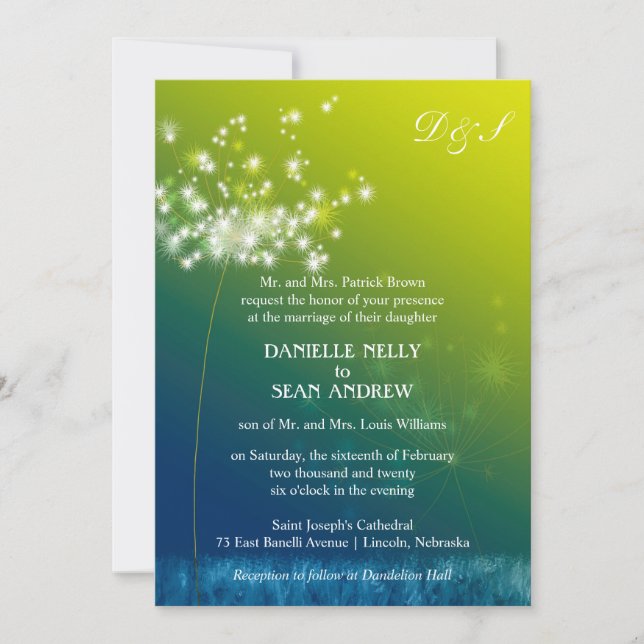 Invitación Glam Dandelions Blue Green Ombre Boda (Anverso)