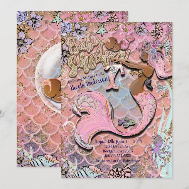 Invitación Glam Dark Ethnic Prego Mermaid Purpurina Baby Show (Anverso / Reverso)