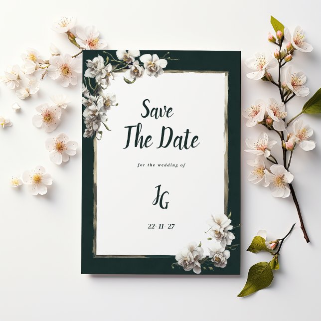 Invitación Glam dark green gold white orchid Save The Date (Glam dark green gold white orchid Save The Date)