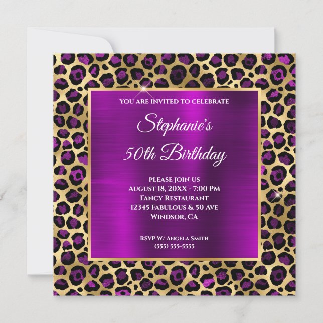 Invitación Glam de leopardo púrpura de oro y magenta 50 cumpl (Anverso)