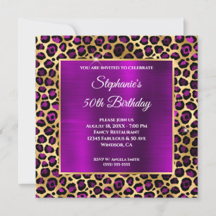 Invitación Glam de leopardo púrpura de oro y magenta 50 cumpl