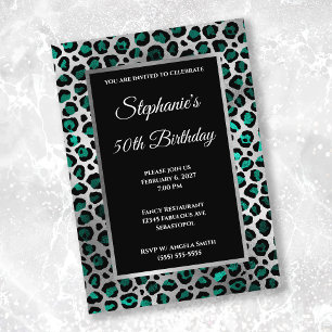 Invitación Glam de Leopardo verde azulado negro y plateado 50