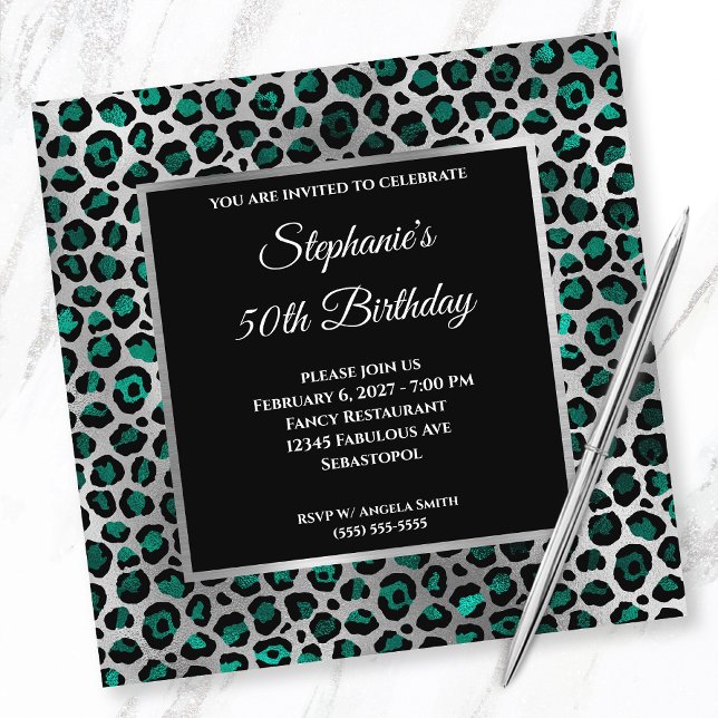 Invitación Glam de Leopardo verde azulado negro y plateado 50 (Subido por el creador)