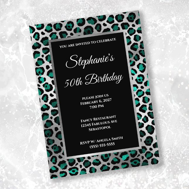 Invitación Glam de Leopardo verde azulado negro y plateado 50 (Subido por el creador)