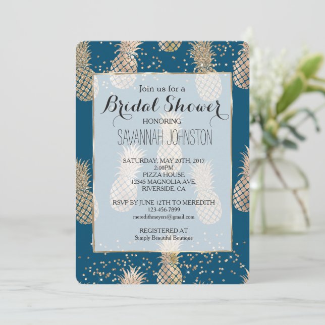 Invitación Glam de oro verde azulado Pineapples Tropicales Du (Anverso de pie)