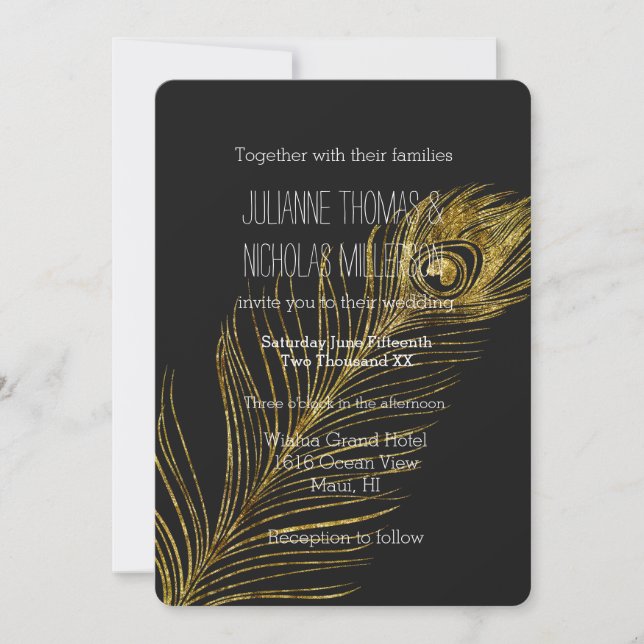 Invitación Glam de oro y Boda de plumas de pavo real negro (Anverso)