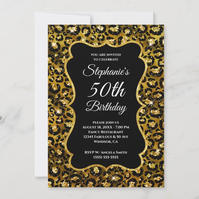 Invitación Glam de Oro y Leopardo Negro 50 cumpleaños (Anverso)