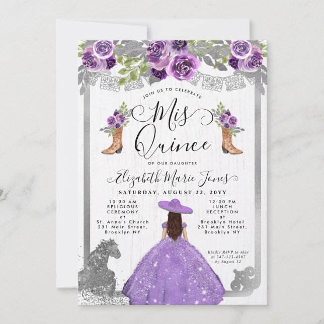 Invitación Glam de plata morada floral Charra Quinceanera (Anverso)