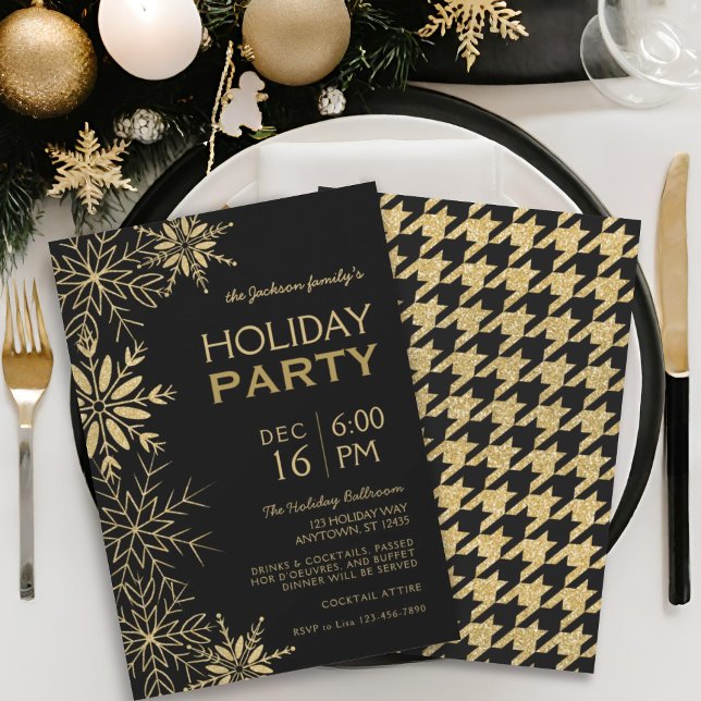 Invitación Glam de vacaciones Gold & Black Houndstoth y Snowf (Subido por el creador)
