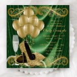 Invitación Glam del partido de cumpleaños verde y oro femenin<br><div class="desc">Invitación a una fiesta de cumpleaños dorada y verde esmeralda de una mujer con hermosos zapatos de tacón, globos de oro, champán y perlas en un glamoroso y lujoso fondo de satén verde esmeralda. Esta elegante invitación de fiesta de cumpleaños en color verde y dorado se personaliza fácilmente para tu...</div>
