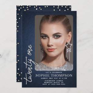 Invitación Glam Denim Diamonds Blue White 21st Birthday Photo