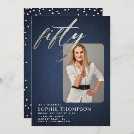 Invitación Glam Denim Diamonds Blue White 50th Birthday Photo