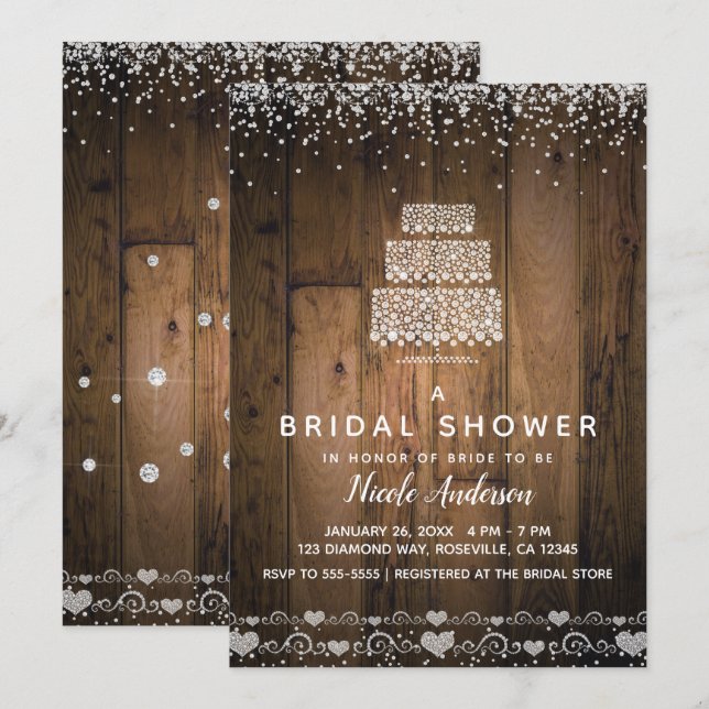 Invitación Glam Diamond Bling Cake Rustic Wood Bridal Shower (Anverso / Reverso)