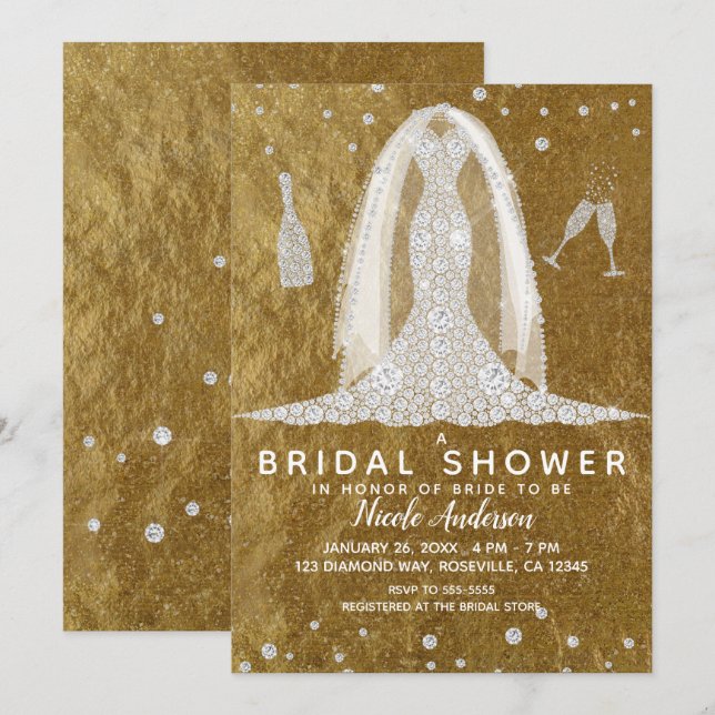 Invitación Glam Diamond Boda Vestido Dorado Bridal Shower (Anverso / Reverso)
