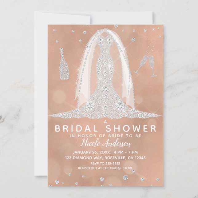 Invitación Glam Diamond Boda Vestido Peach Bridal Shower (Anverso)