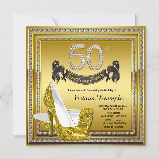 Invitación Glam Diamond Gold High Heels 50 cumpleaños (Anverso)