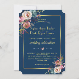 Invitación Glam Dusty Blue Floral Golden Frame Boda