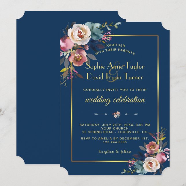 Invitación Glam Dusty Blue Floral Golden Frame Boda (Anverso / Reverso)