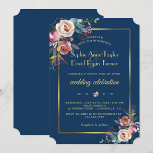 Invitación Glam Dusty Blue Floral Golden Frame Boda