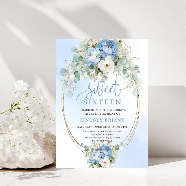Invitación Glam Dusty Blue Peony Gold Sweet Sixteen Invite (Glam Dusty Blue Peony Gold Sweet Sixteen Invite)