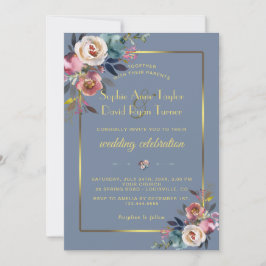 Invitación Glam Dusty Blue Pink Floral Frame Boda