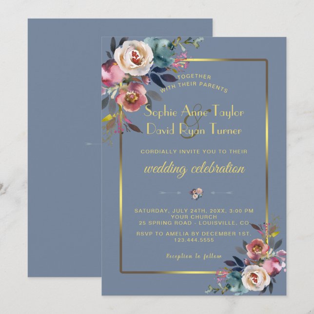 Invitación Glam Dusty Blue Pink Floral Frame Boda (Anverso / Reverso)