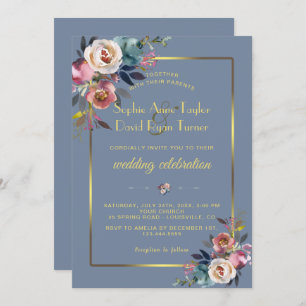 Invitación Glam Dusty Blue Pink Floral Frame Boda