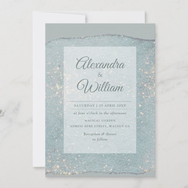 Invitación Glam Dusty Blue Purpurina moderno Pastel Blue Gold (Anverso)
