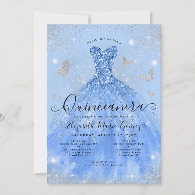 Invitación Glam Dusty Blue Silver Purpurina Gown Quinceanera (Anverso)