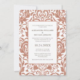 Invitación Glam Elegant Faux Rosa Purpurina de oro Damask Wed