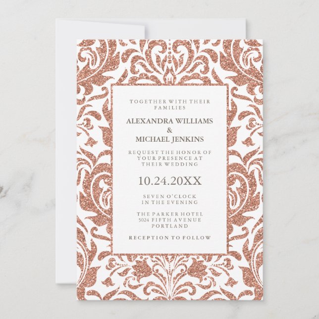 Invitación Glam Elegant Faux Rosa Purpurina de oro Damask Wed (Anverso)