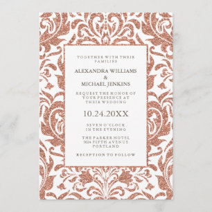 Invitación Glam Elegant Faux Rosa Purpurina de oro Damask Wed