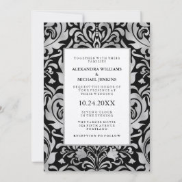 Invitación Glam Elegant Luxe Silver Damask sobre el Boda negr