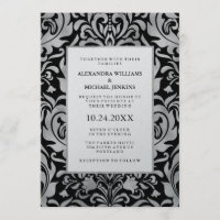 Glam Elegant Luxe Silver Damask sobre el Boda negr