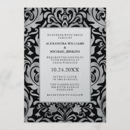 Invitación Glam Elegant Luxe Silver Damask sobre el Boda negr